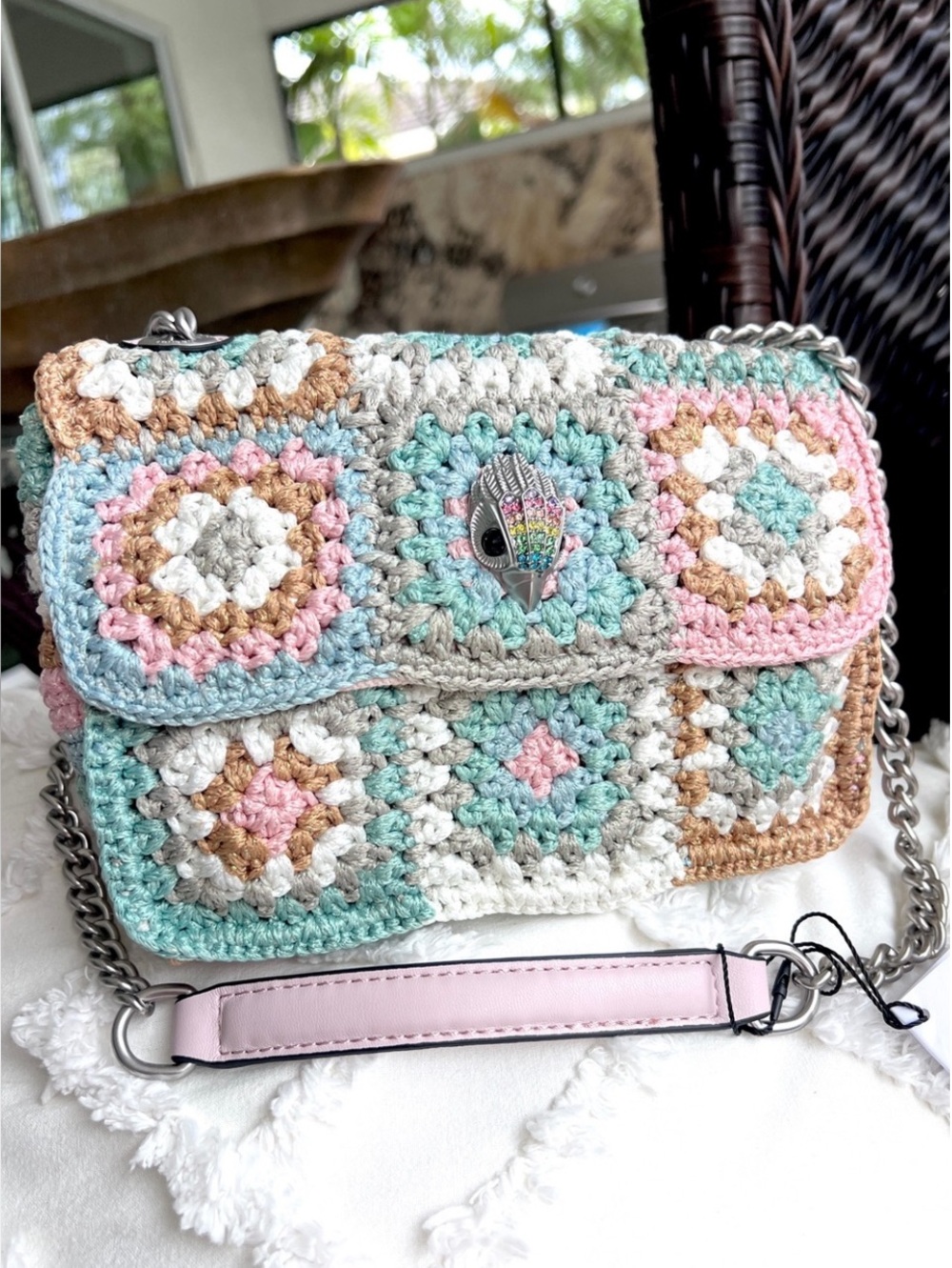 Kurt Geiger Kensington crochet patchwork boho crossbody bag pastel blue pink - Picture 3 of 13